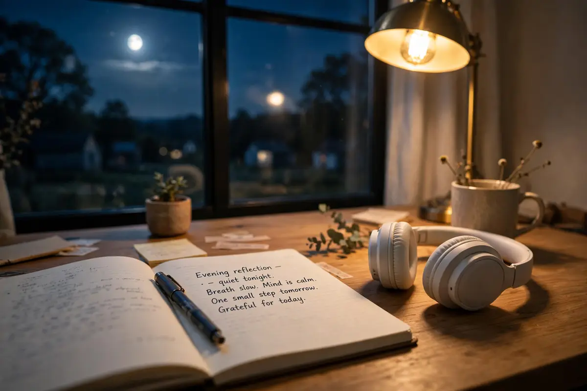 Delete Script style nightly listening setup with headphones and a phone on a bedside table, no people shown